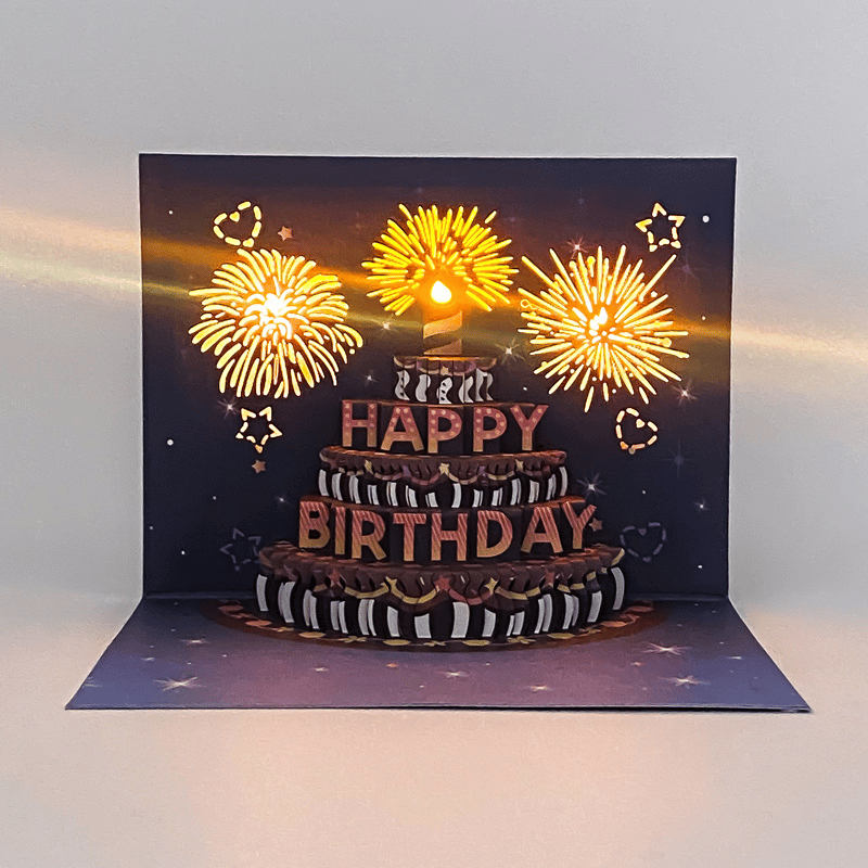Fireworks Pop Up Cake Light and Music Happy Birthday Card Gift