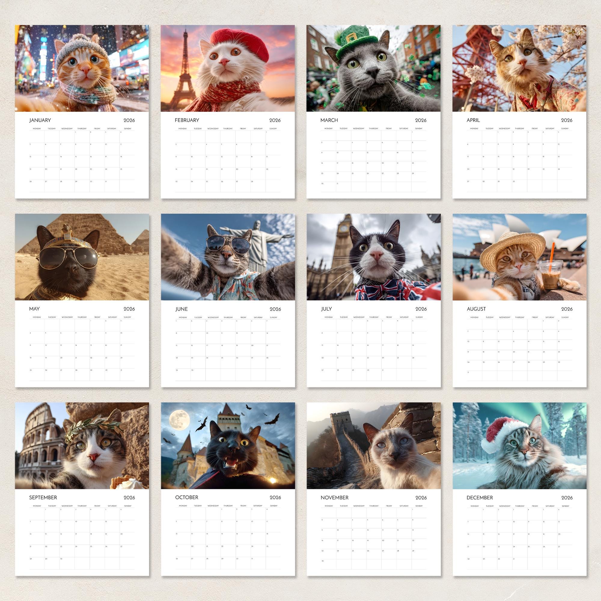 🌲2026 Fun Cat Calendar from Around the World - 🎅Christmas Gift for Cat Lovers, Animal Humor Novelty Gifts🐈